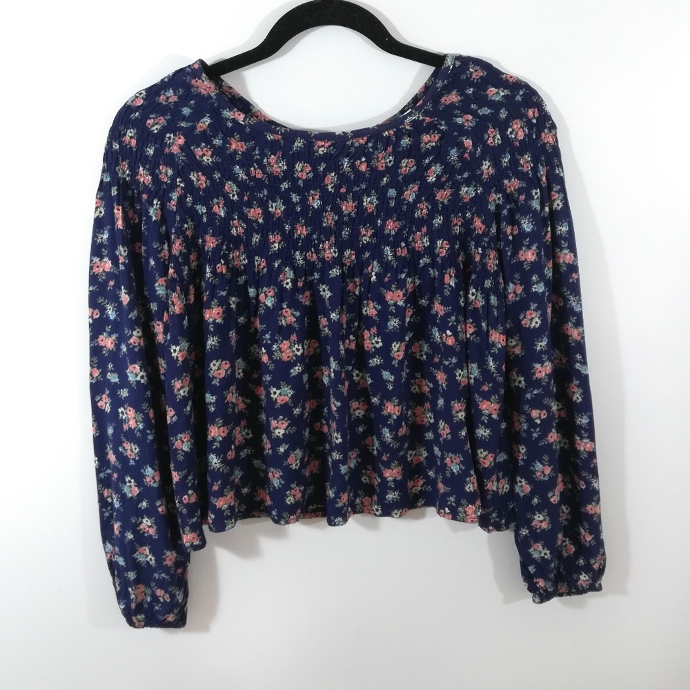 *Mimi Chica Navy Floral Smocked longsleeve crop top Fairy Core Boho Bohemian